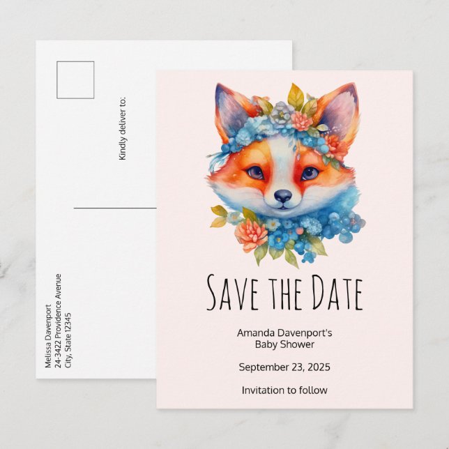 Niedlicher Orangenfuchs mit Blumenkronen Ankündigungspostkarte (Vorne/Hinten)