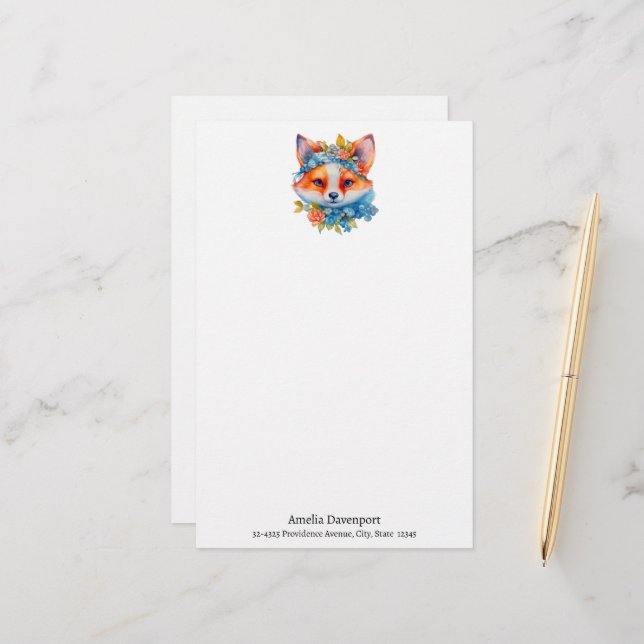 Niedlicher Orangenfuchs mit Blumenkronen Briefpapier (Vorderseite/Rückseite Beispiel)
