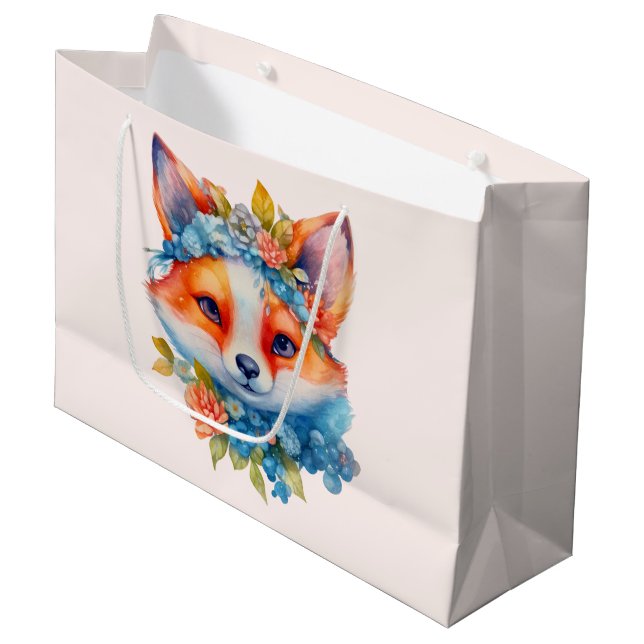 Niedlicher Orangenfuchs mit Blumenkronen Große Geschenktüte (Vorderseite Schrägansicht)