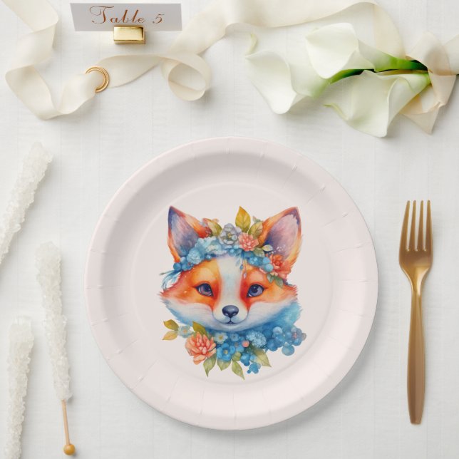 Niedlicher Orangenfuchs mit Blumenkronen Pappteller (Hochzeit)