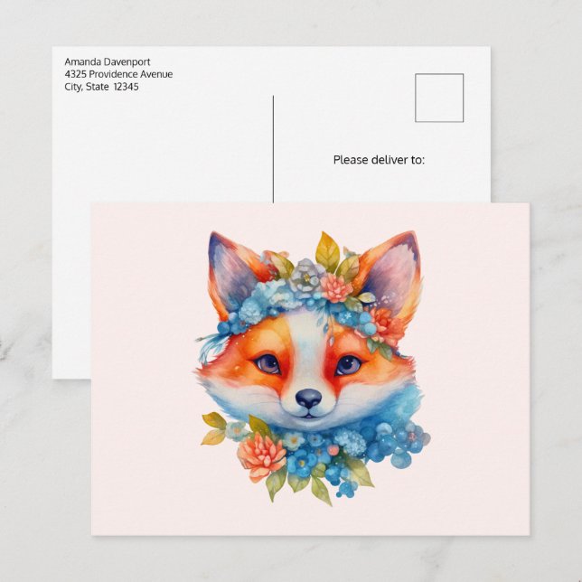 Niedlicher Orangenfuchs mit Blumenkronen Postkarte (Vorne/Hinten)