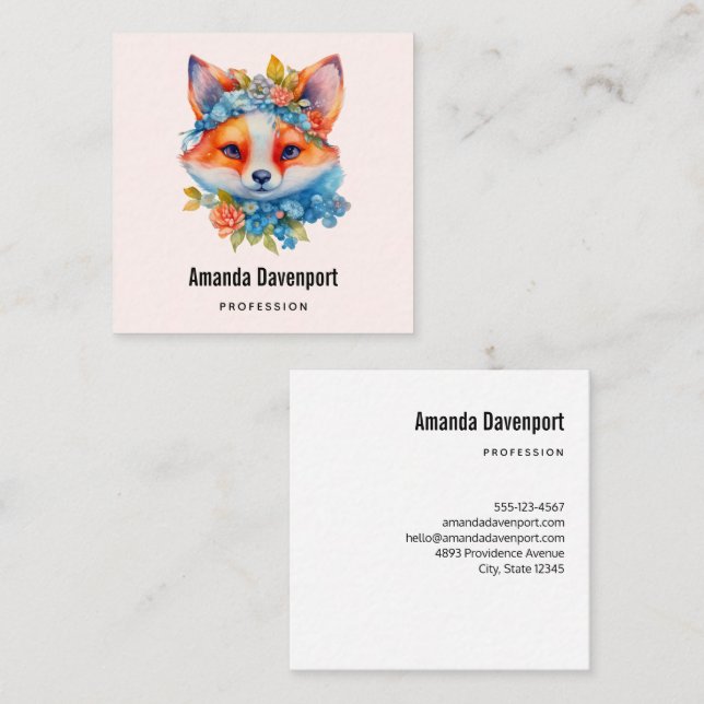 Niedlicher Orangenfuchs mit Blumenkronen Quadratische Visitenkarte (Vorne/Hinten)