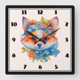 Niedlicher Orangenfuchs mit Blumenkronen Quadratische Wanduhr