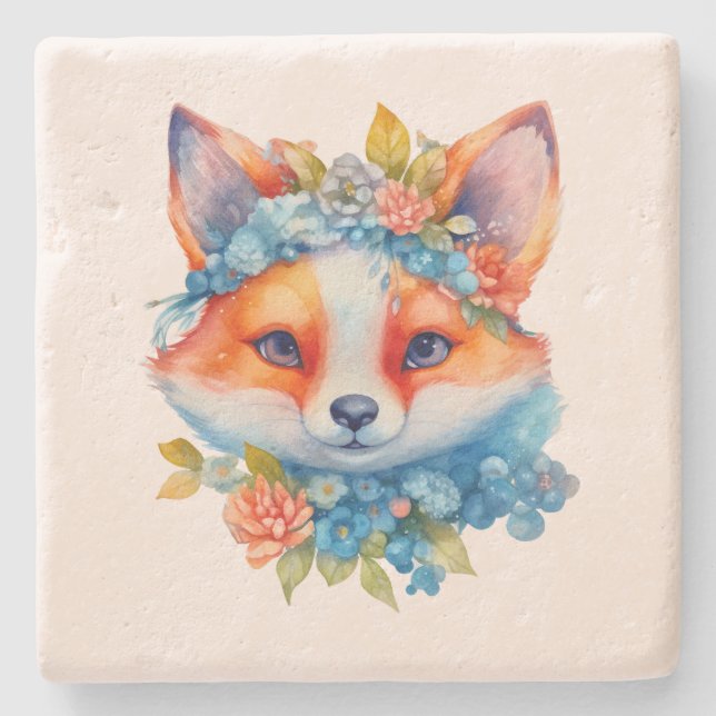 Niedlicher Orangenfuchs mit Blumenkronen Steinuntersetzer (Vorderseite)