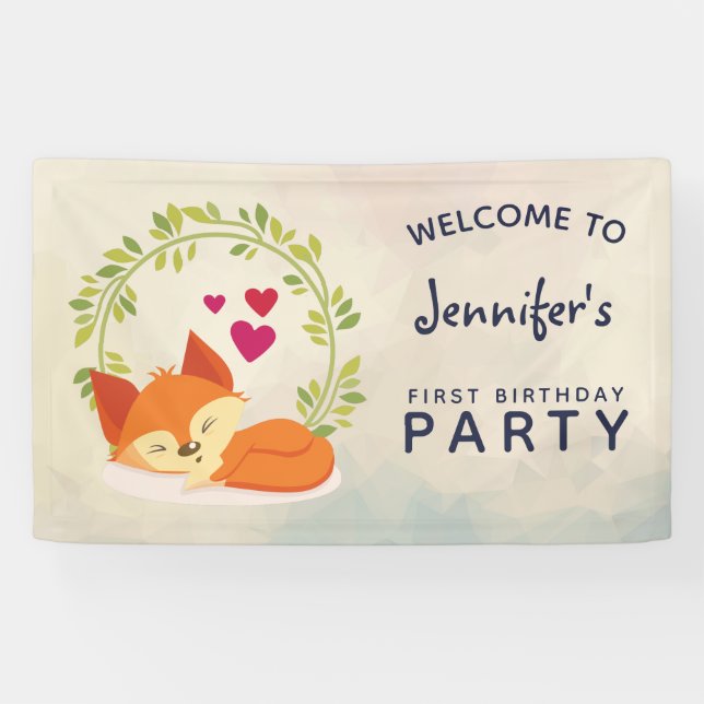 Niedlicher Orangenfuchs, rote Herzen und ein grüne Banner (Horizontal)
