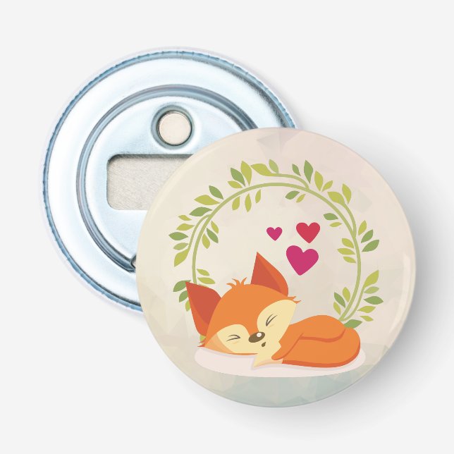 Niedlicher Orangenfuchs, rote Herzen und ein grüne Flaschenöffner (Vorderseite)