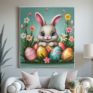 Niedlicher Osterhase Bunte Eier Frühlingsblumen  Poster