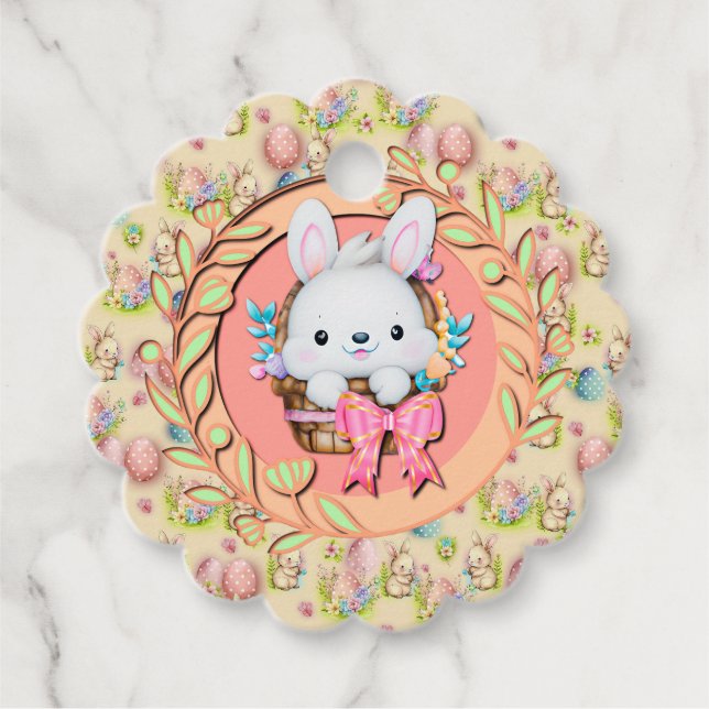 Niedlicher Osterhase im Korb Geschenkanhänger (Vorderseite)