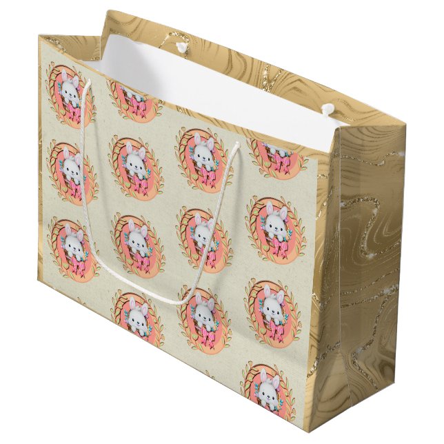 Niedlicher Osterhase im Korb Große Geschenktüte (Vorderseite Schrägansicht)