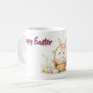 Niedlicher Osterhase im Korb mit farbenfrohen Eier Kaffeetasse