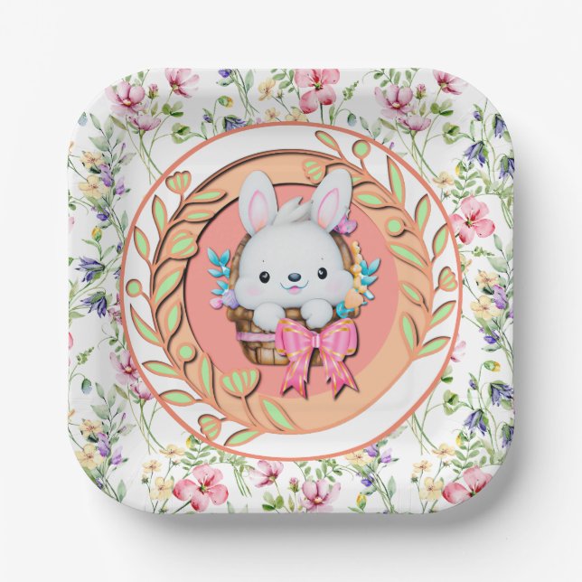 Niedlicher Osterhase im Korb Pappteller (Vorderseite)