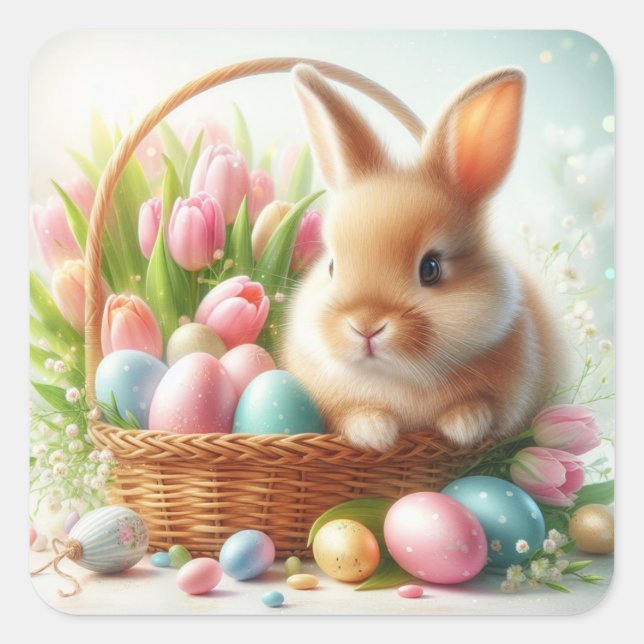 Niedlicher Osterhase im Whicker Basket Quadratischer Aufkleber (Vorderseite)