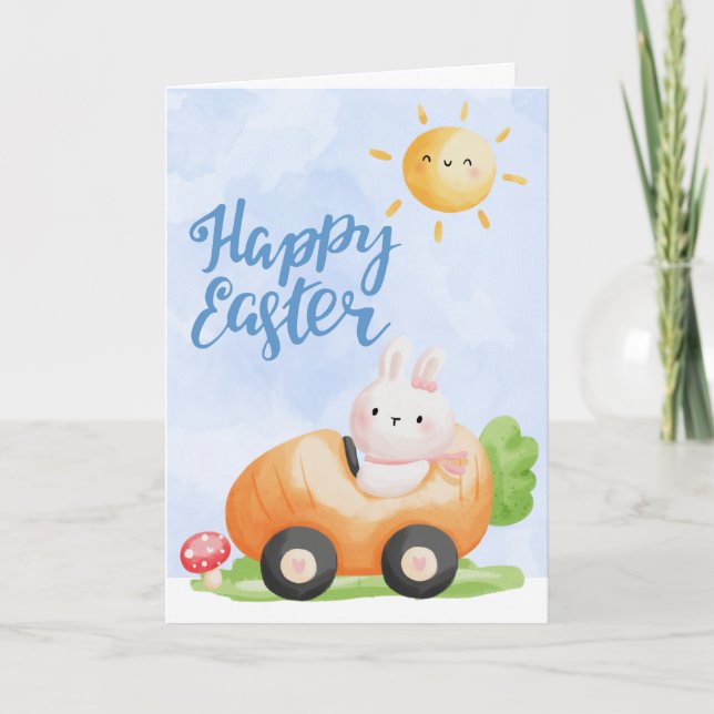 Niedlicher Osterhase in Karottenwagen Feiertagskarte (Vorderseite)