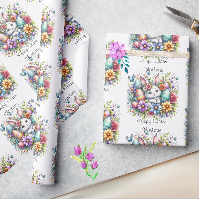 Niedlicher Osterhase Kindername oder Geburtstag hi Geschenkpapier (Von Creator hochgeladen)
