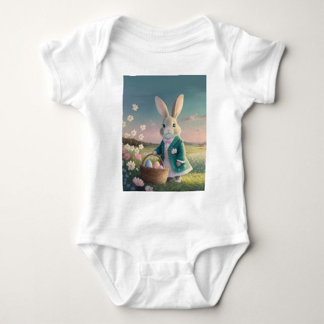 Niedlicher Osterhase mit blauer Jacke Baby Strampler (Vorderseite)