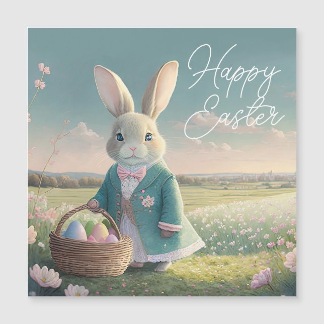 Niedlicher Osterhase mit blauer Jacke Magnetkarte (Vorderseite)