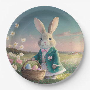 Niedlicher Osterhase mit blauer Jacke Pappteller