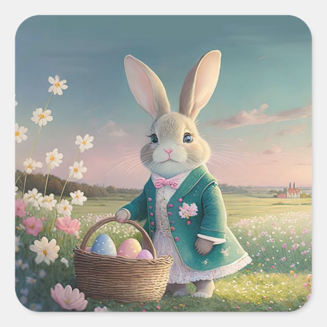 Niedlicher Osterhase mit blauer Jacke Quadratischer Aufkleber (Vorderseite)