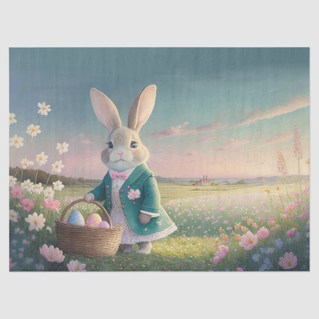 Niedlicher Osterhase mit blauer Jacke Seidenpapier (Vorderseite)