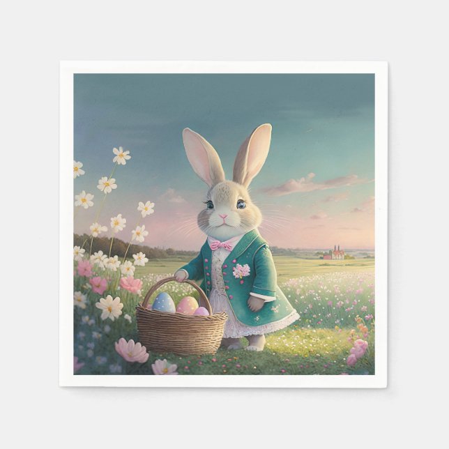 Niedlicher Osterhase mit blauer Jacke Serviette (Vorderseite)