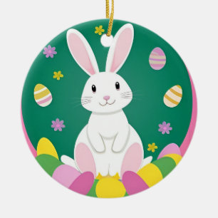 Niedlicher Osterhase mit dekorativen Eiern Keramik Ornament