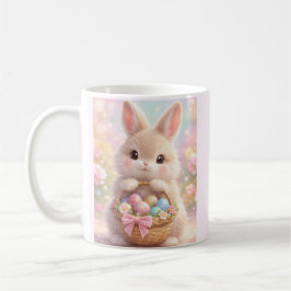 Niedlicher Osterhase mit farbenfrohem Korb voller  Kaffeetasse