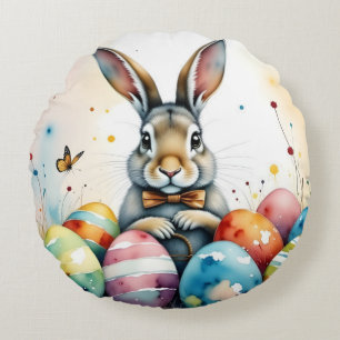 Niedlicher Osterhase mit farbenfrohen bemalten Eie Rundes Kissen