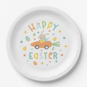 Niedlicher Osterhase mit Karottenwagen Pappteller
