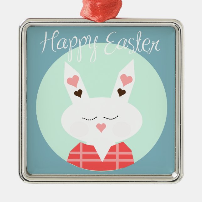Niedlicher Osterhase mit rosa Herzen Silbernes Ornament (Vorne)