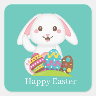 niedlicher Osterhase mit zusätzlichem Text Quadratischer Aufkleber