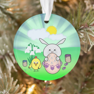 Niedlicher Osterhase und Küken, die Osterei färbt Ornament