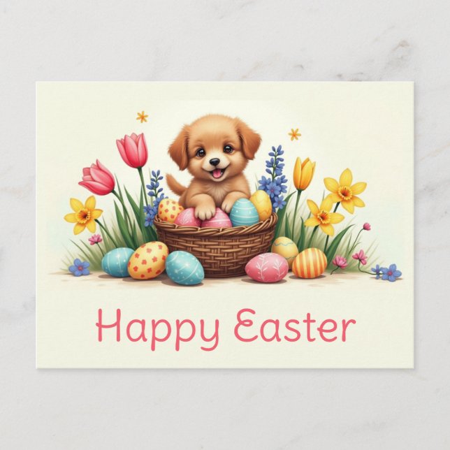 Niedlicher Osterwelpen Ei Korb Postkarte (Vorderseite)