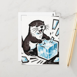 Niedlicher Otter, der einen Eisblock zerbricht  Postkarte