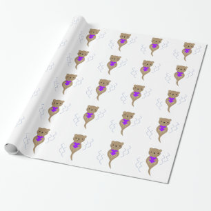 Niedlicher Otter umarmt ein Lila Herz Geschenkpapier