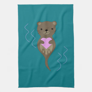 Niedlicher Otter umarmt ein rosa Herz Geschirrtuch
