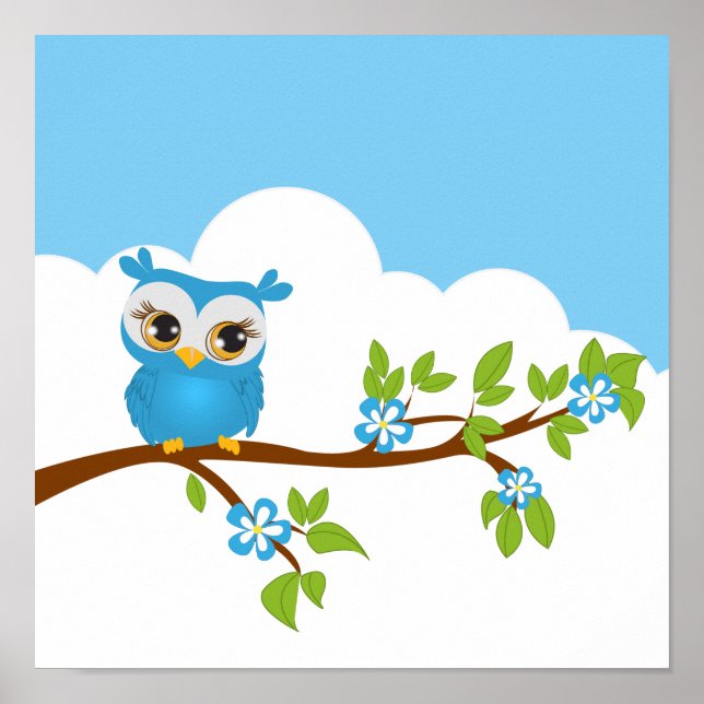 Niedlicher Owl Boy auf einem Zweigplakat Poster (Vorne)