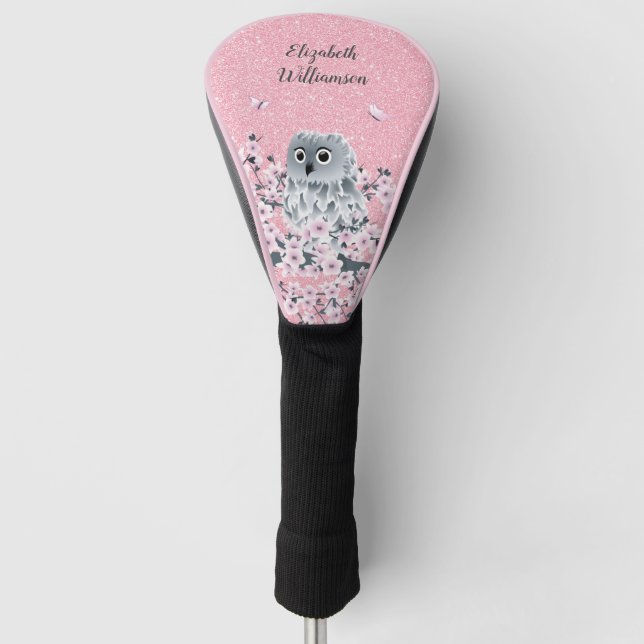 Niedlicher Owl Cherry Blossom Rosa Glitzer Golf Headcover (Vorderseite)