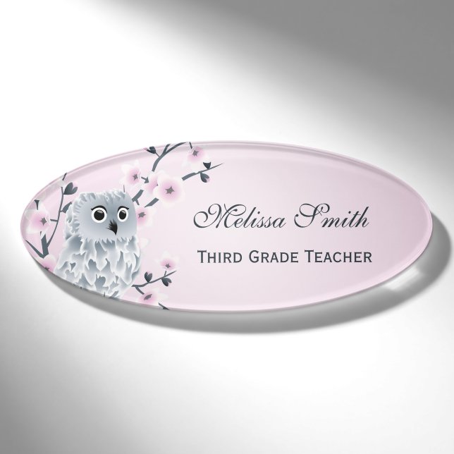 Niedlicher Owl Cherry Blütenlehrer Namenschild (Vorderseite)