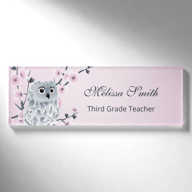 Niedlicher Owl Cherry Blütenlehrer Namenschild (Vorderseite)