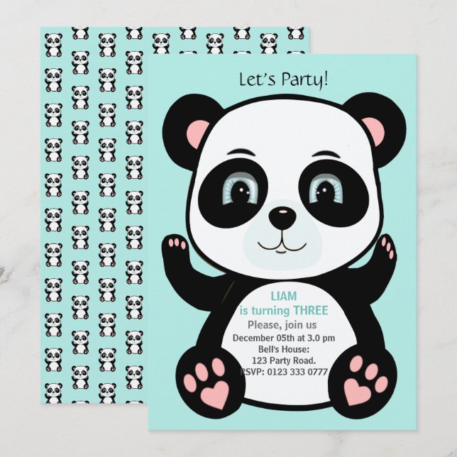 Niedlicher Panda-Bär auf Aquamarinem Blue Geburtst Einladung (Vorne/Hinten)