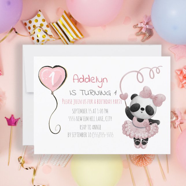 Niedlicher Panda Bär Ballerina Pink 1. Geburtstag Einladung (Von Creator hochgeladen)