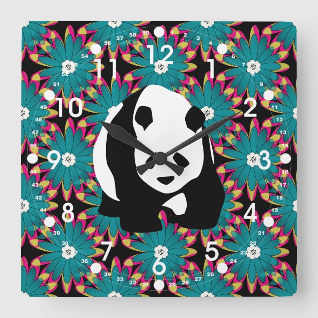 Niedlicher Panda Bär Blau Pink Blume Blumenmuster Quadratische Wanduhr (Vorderseite)