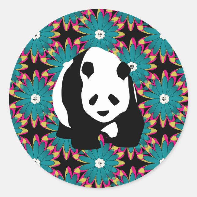 Niedlicher Panda Bär Blau Pink Blume Blumenmuster Runder Aufkleber (Vorderseite)