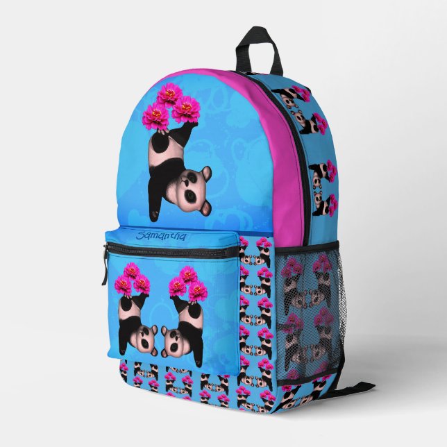 Niedlicher Panda Bär Juggling Pink Blume Bedruckter Rucksack (Rückseitige Ecke Rechts)