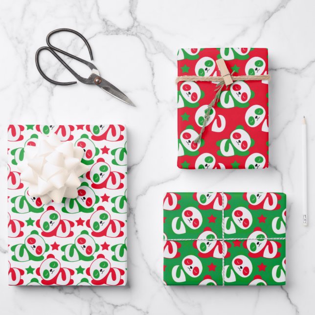 Niedlicher Panda Bär Kinder Rot Grün Geschenkpapier Set (Vorderseite)