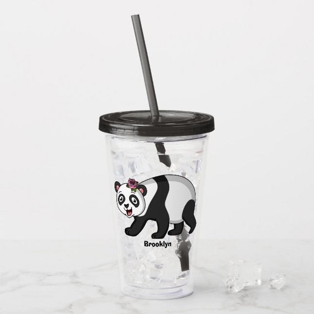 Niedlicher Panda-Bär mit Blume Cartoon Acryltrinkbecher (Vorderseite Ice)