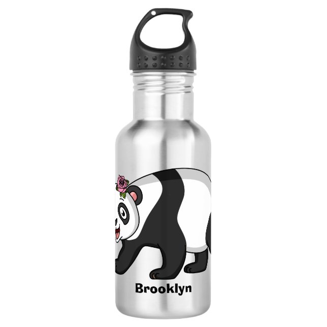 Niedlicher Panda-Bär mit Blume Cartoon Edelstahlflasche (Vorderseite)