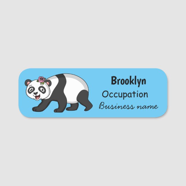 Niedlicher Panda-Bär mit Blume Cartoon Namensschild (Vorderseite)