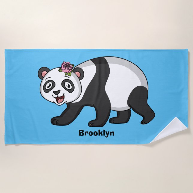 Niedlicher Panda-Bär mit Blume Cartoon Strandtuch (Vorderseite)