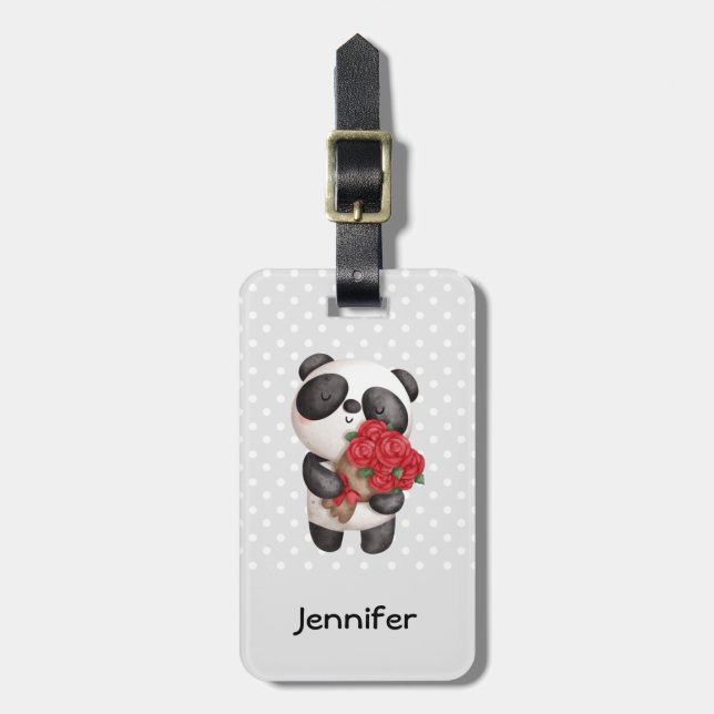 Niedlicher Panda-Bär mit Rose Bouquet Gepäckanhänger (Vorderseite vertikal)